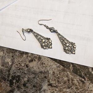 Filigree Drop Earrings with Iridescent Crystals - Silver Tone